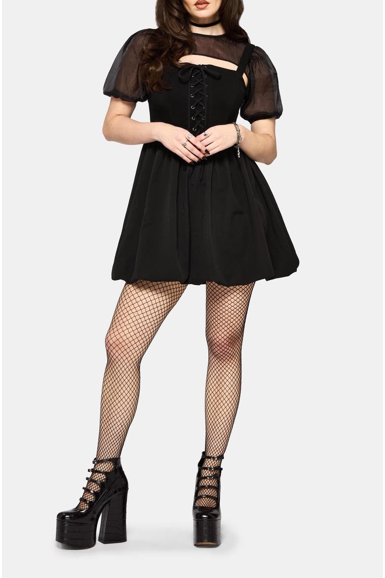 Miranda Puff Sleeve Lace Up Mini Dress, Main, color, Black