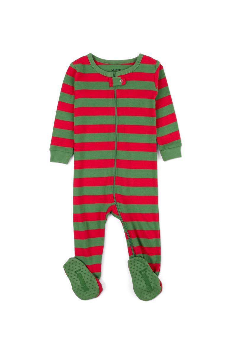 Leveret Kids Footed Striped Cotton Matching Family Holiday Pajamas, Main, color, Red & Green