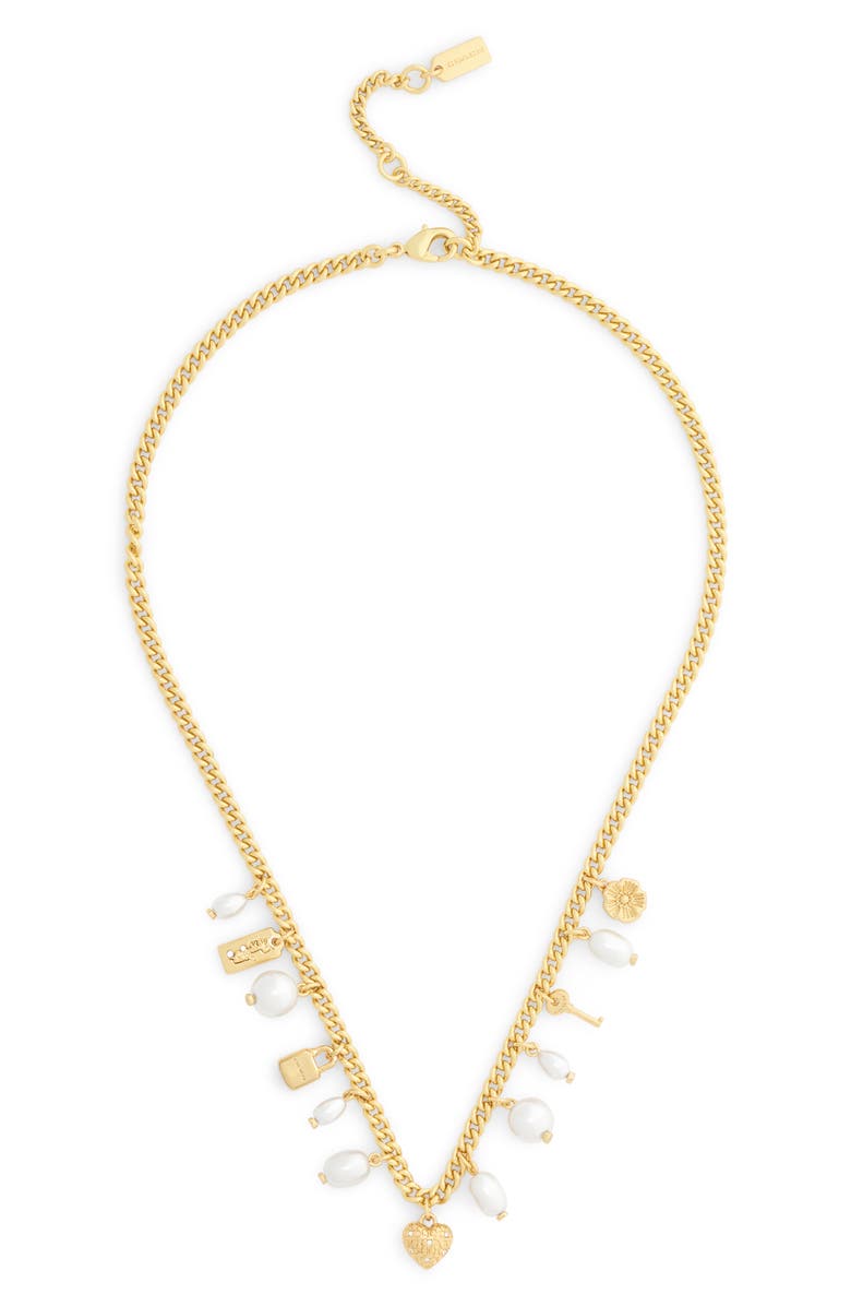 COACH Iconic Faux Pearl Charm Necklace, Main, color, Pearl/ Gold