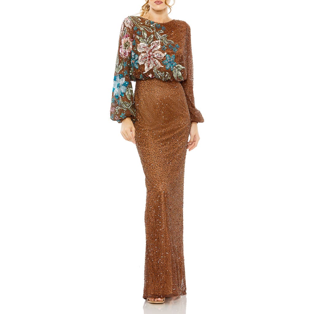 MAC DUGGAL MAC DUGGAL FLORAL EMBELLISHED LONG BLOUSON SLEEVE SEQUIN COLUMN GOWN