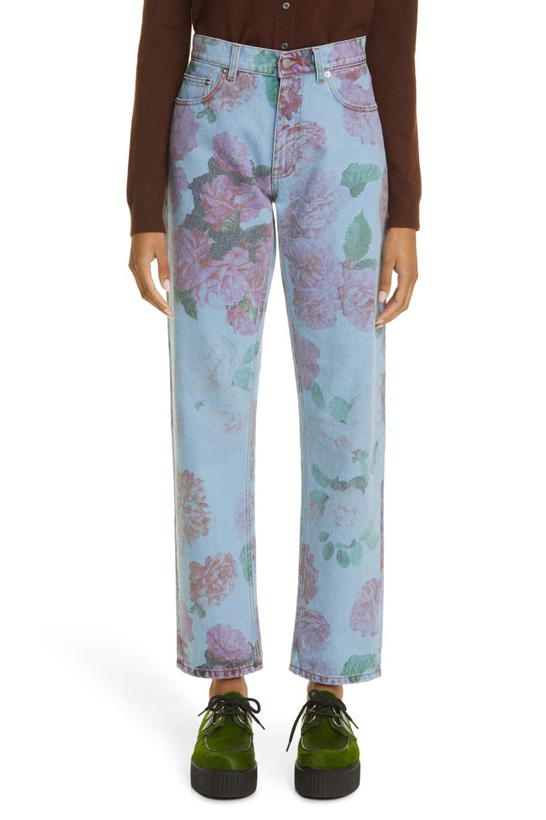 Floral Print Straight Leg Jeans, Main, color, FADED ROSES