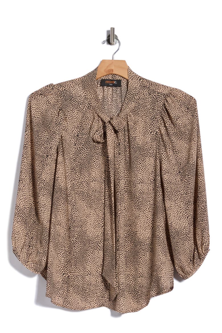 Animal Print Tie Neck Top, Alternate, color, TAUPE