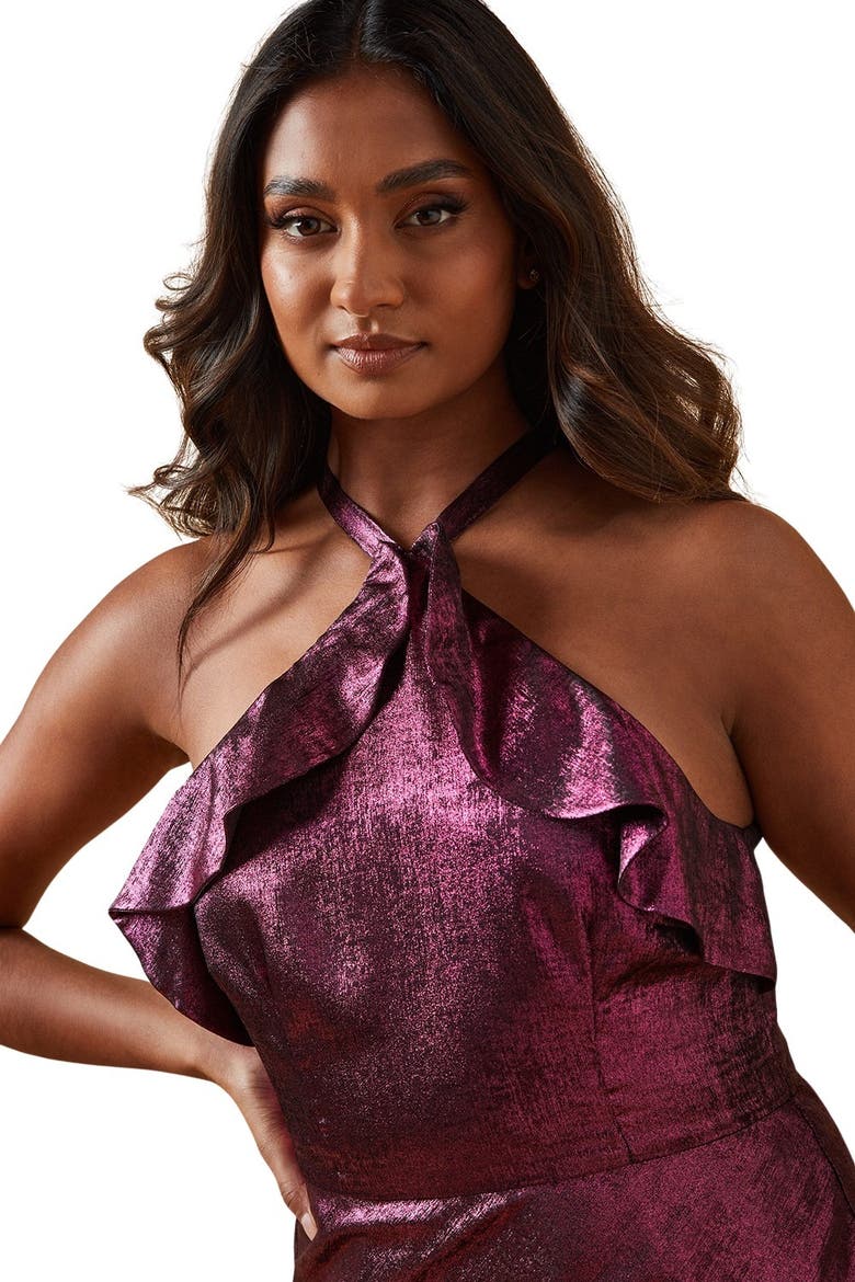 Foil Halterneck Ruffle Foil Midaxi Dress, Alternate, color, Pink