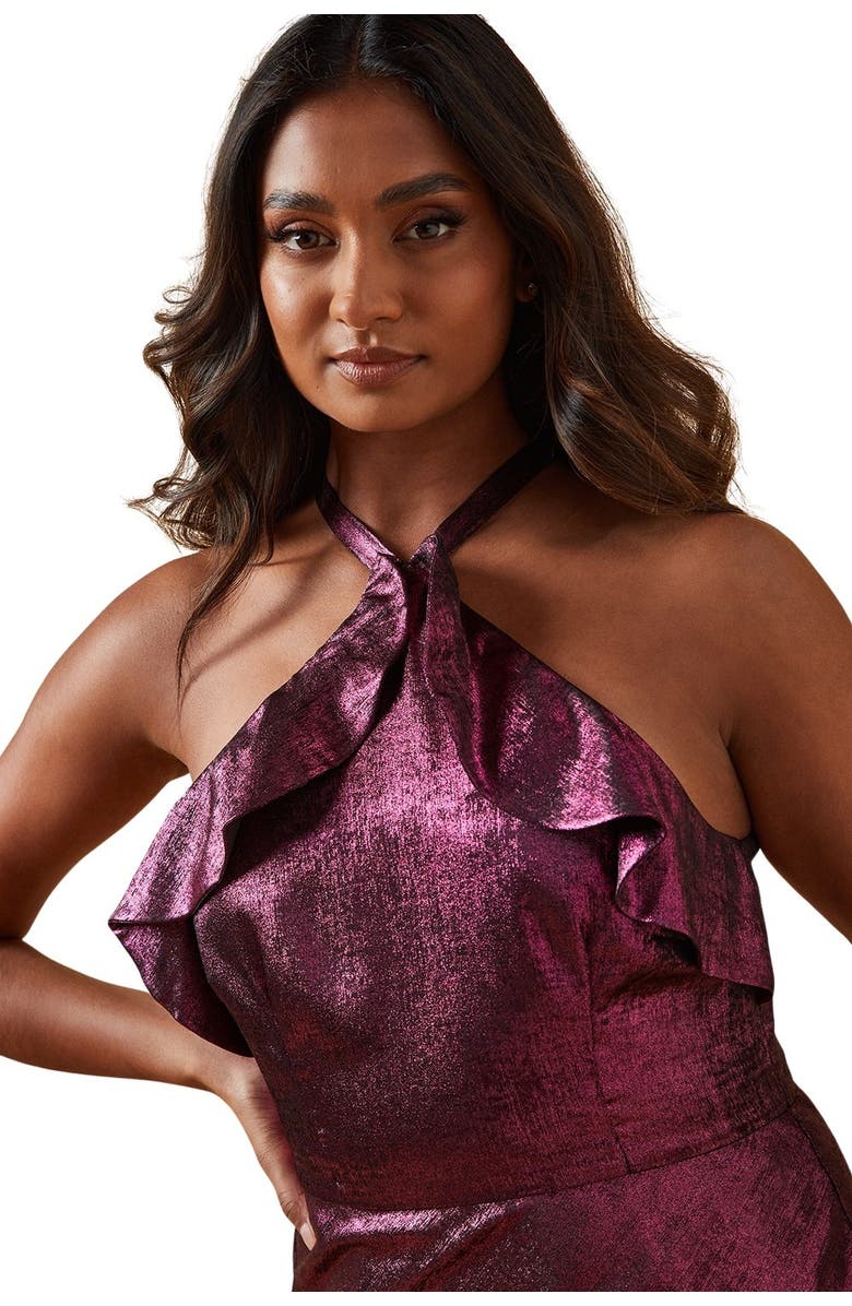 Oasis Foil Halterneck Ruffle Foil Midaxi Dress, Alternate, color, Pink