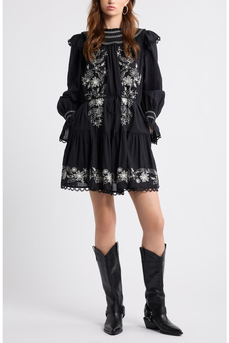 Smocked Embroidered Long Sleeve Minidress, Main, color, BLACK-IVORY EMBROIDERED FLORAL