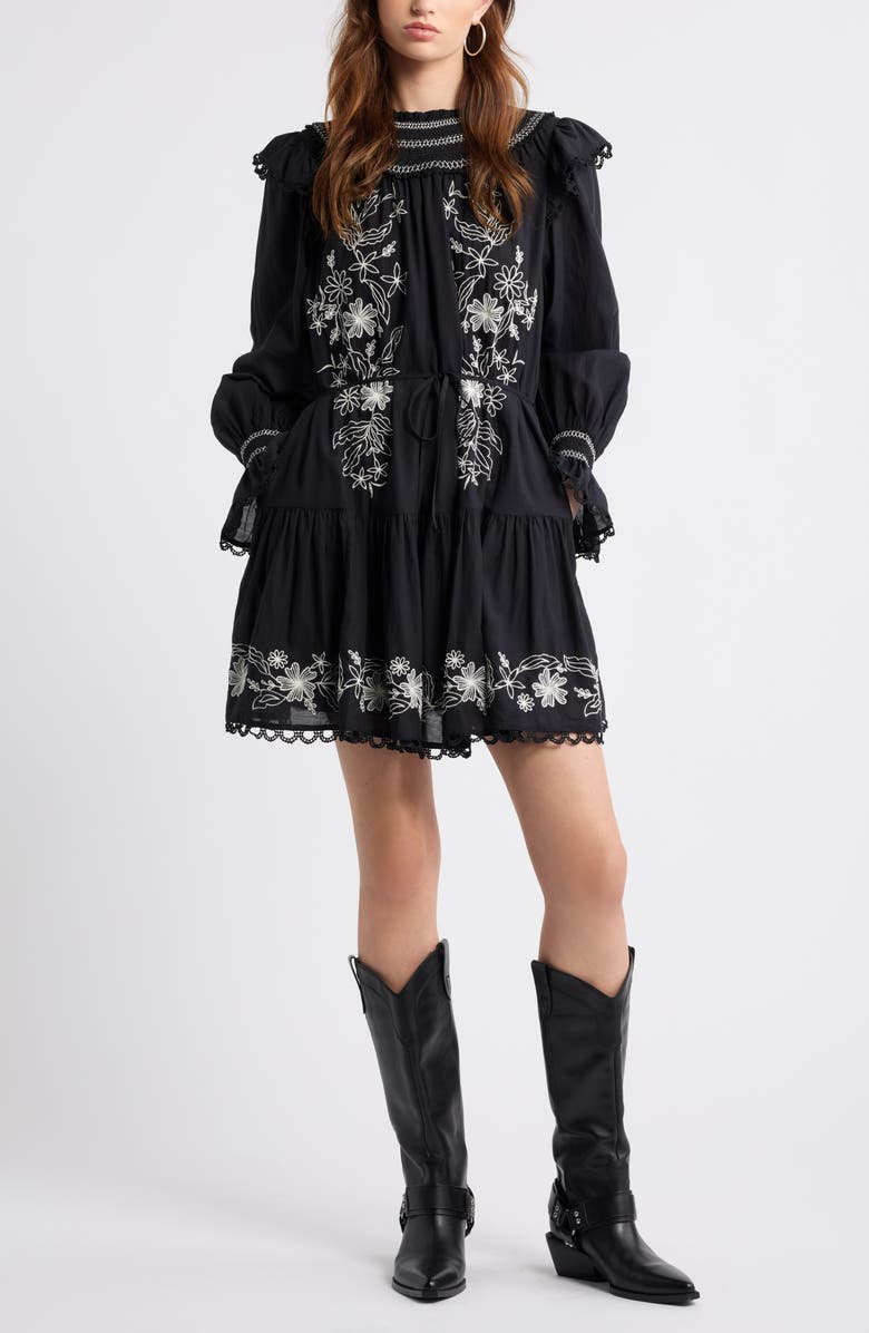 Treasure & Bond Smocked Embroidered Long Sleeve Minidress, Main, color, Black-Ivory Embroidered Floral