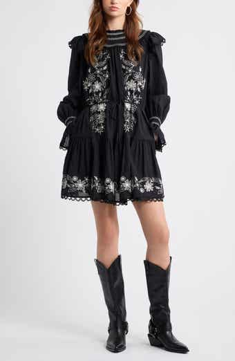 Treasure & Bond Smocked Embroidered Long Sleeve Minidress