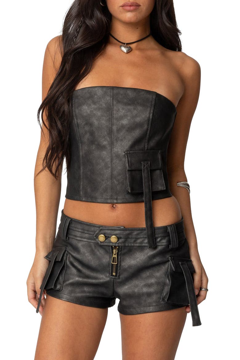 Ryan Strapless Faux Leather Cargo Corset Top, Main, color, BLACK