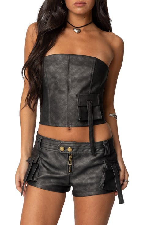 Ryan Strapless Faux Leather Cargo Corset Top