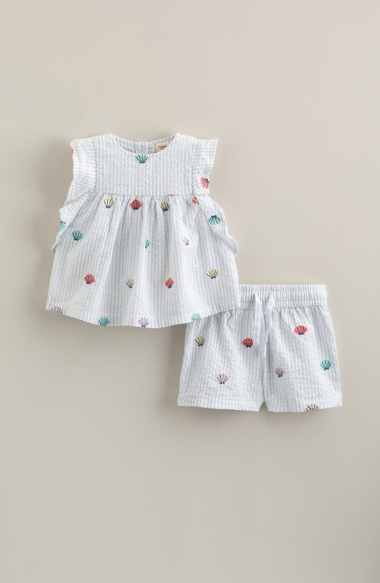 Tucker + Tate Ruffle Cotton Sleeveless Top & Shorts Set, Main, color, Blue Halogen Seashell Stripe