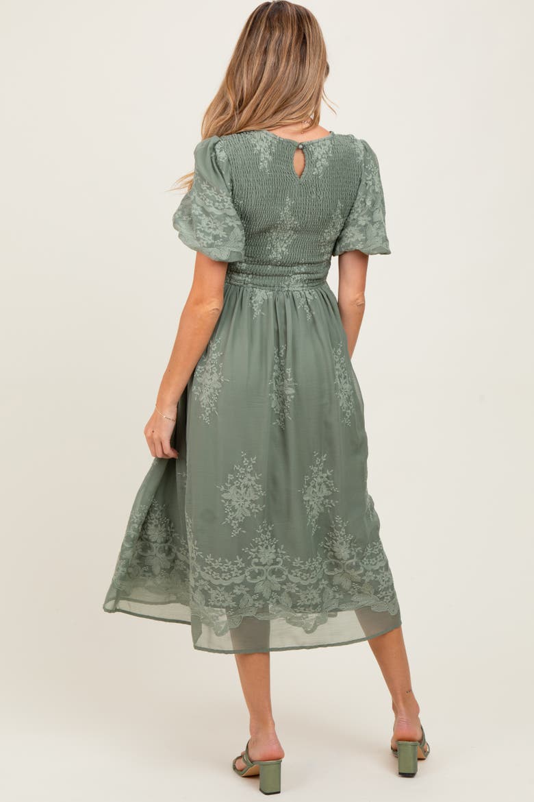 Olive Floral Lace Smocked Midi Dress, Alternate, color, Light Olive