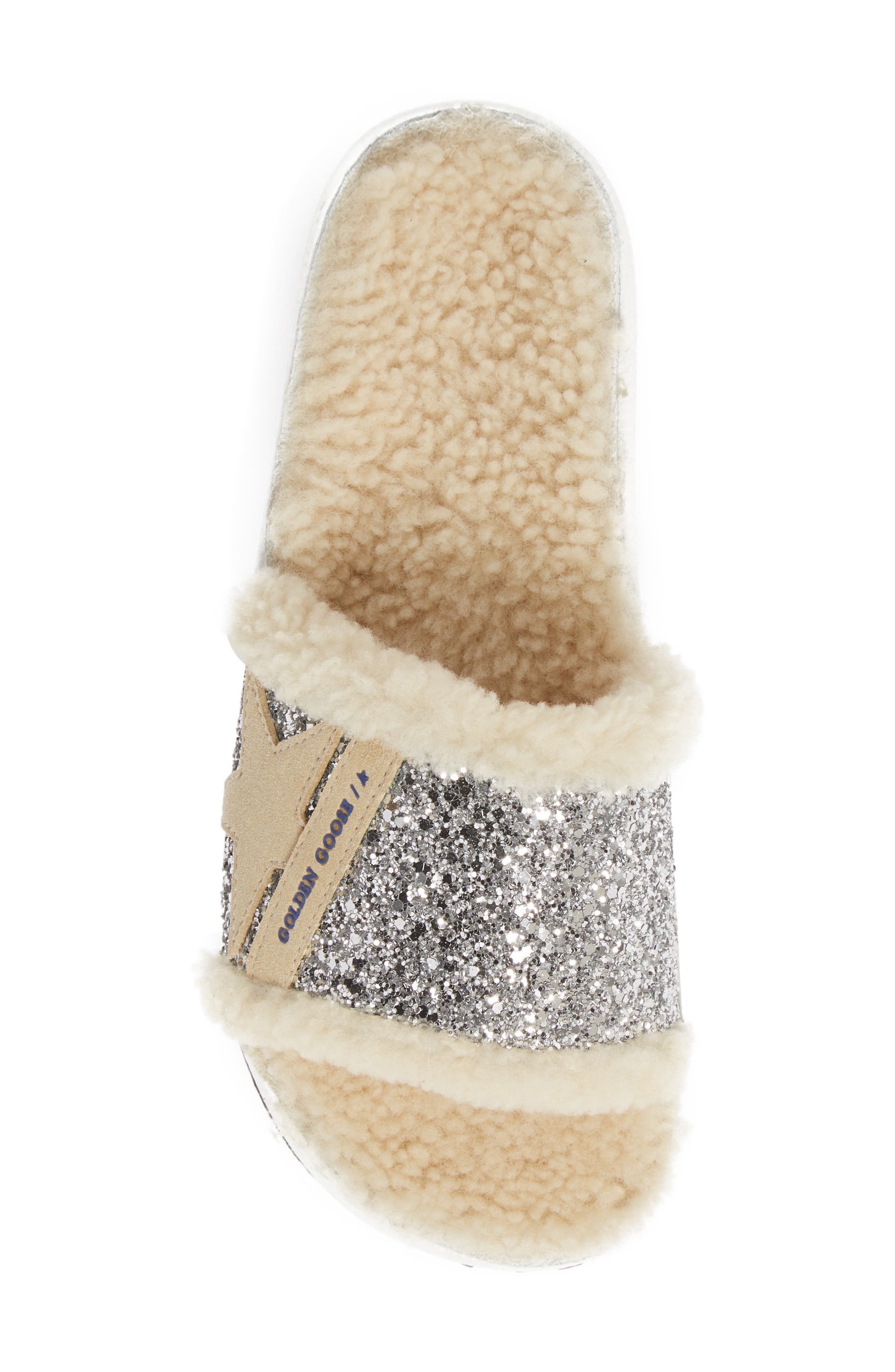 Poolstar Genuine Shearling & Glitter Slide Sandal (Nordstrom Exclusive), Alternate, color, SILVER/ CAPPUCCINO/ BEIGE