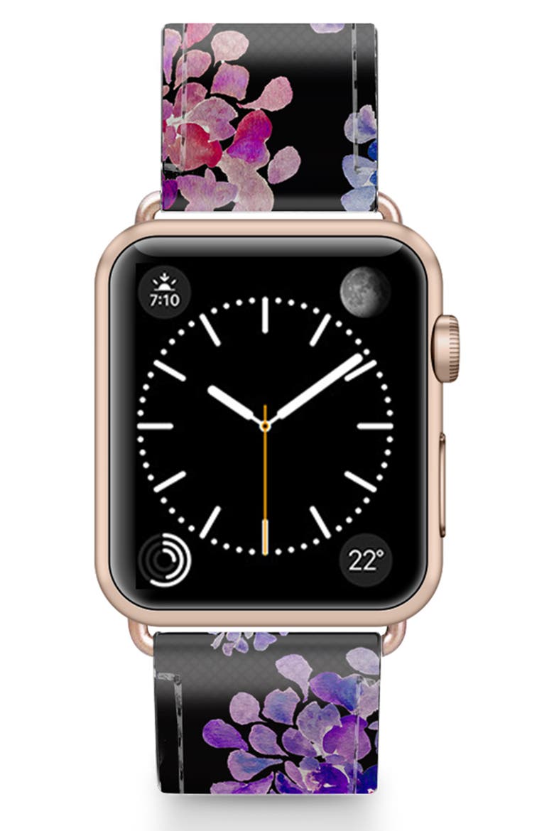 Saffiano Purple Flowers Faux Leather Apple Watch® Strap, Main, color, BLACK/ ROSE GOLD