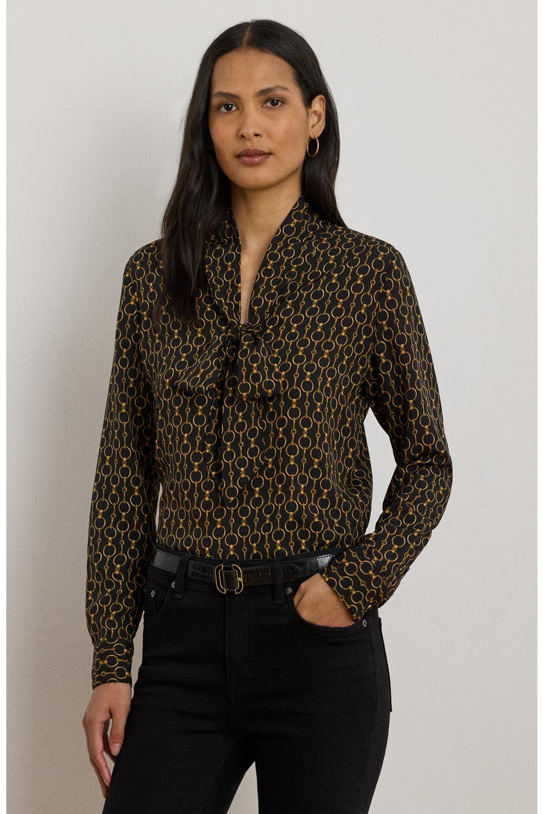 Chain Print Tie Neck Crêpe de Chine Top, Alternate, color, BLACK MULTI
