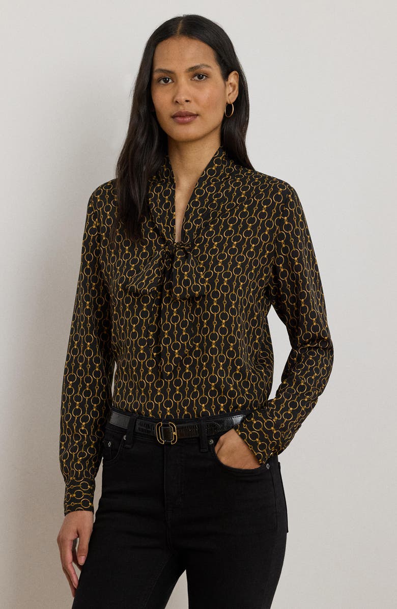Lauren Ralph Lauren Chain Print Tie Neck Crêpe de Chine Top, Alternate, color, Black Multi