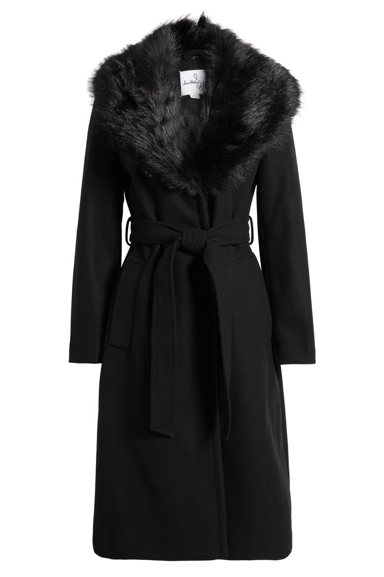 Belted Faux Fur Collared Coat, Alternate, color, BLACK