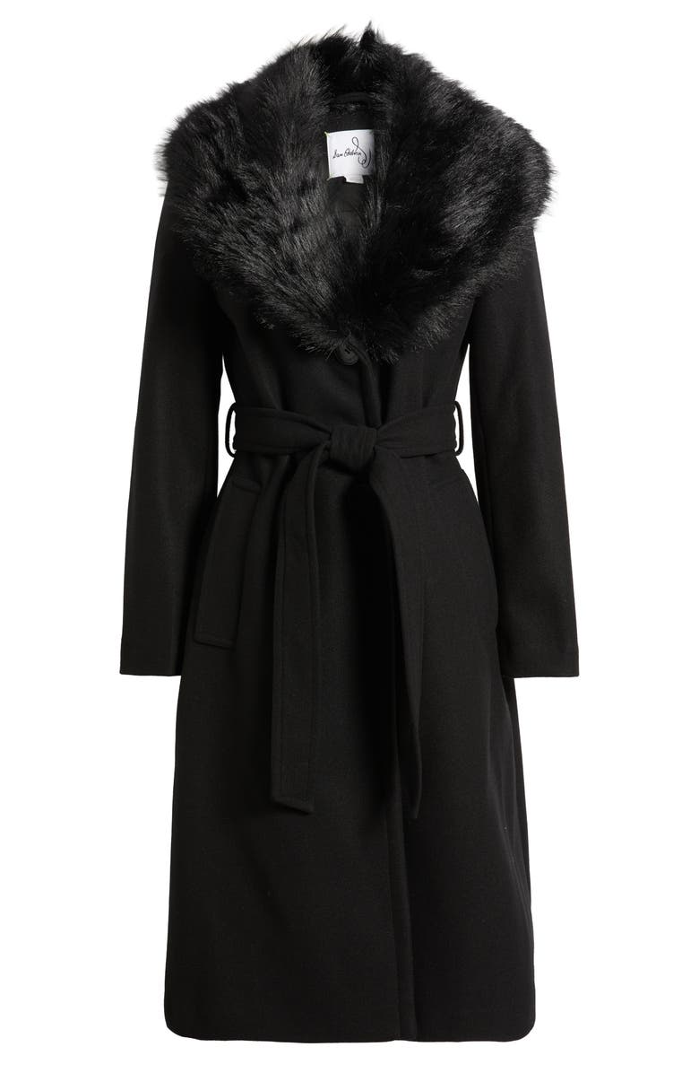 Sam Edelman Belted Faux Fur Collared Coat, Alternate, color, Black