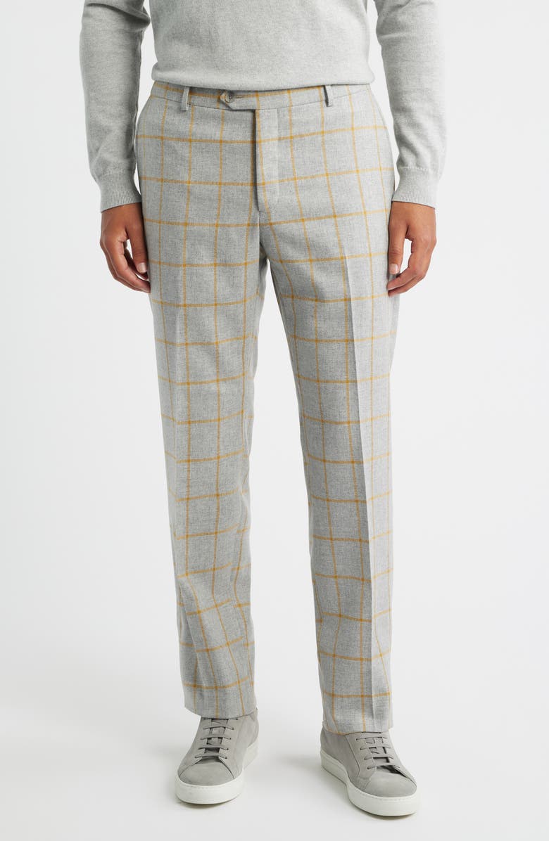 Berle Country Windowpane Check Wool & Cashmere Dress Pants, Main, color, Med Grey