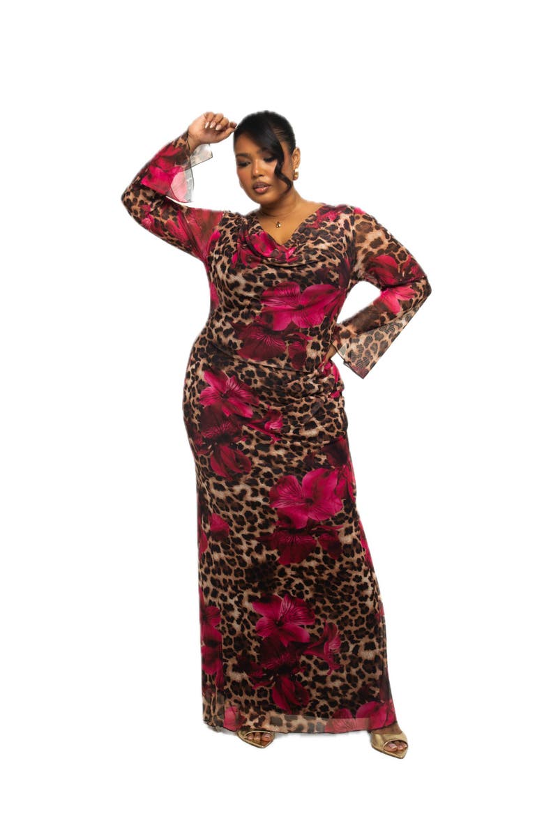 Plus Size Leopard Print Mesh Maxi Dress, Alternate, color, Brown