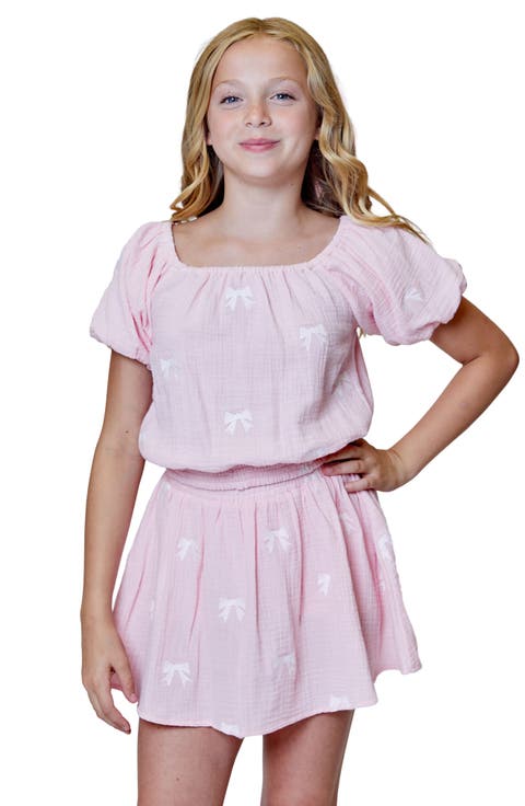Kids' Bow Embroidered Gauze Bubble Sleeve Top & Skirt Set (Big Kid)