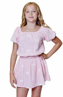 Design History Kids' Bow Embroidered Gauze Bubble Sleeve Top & Skirt Set