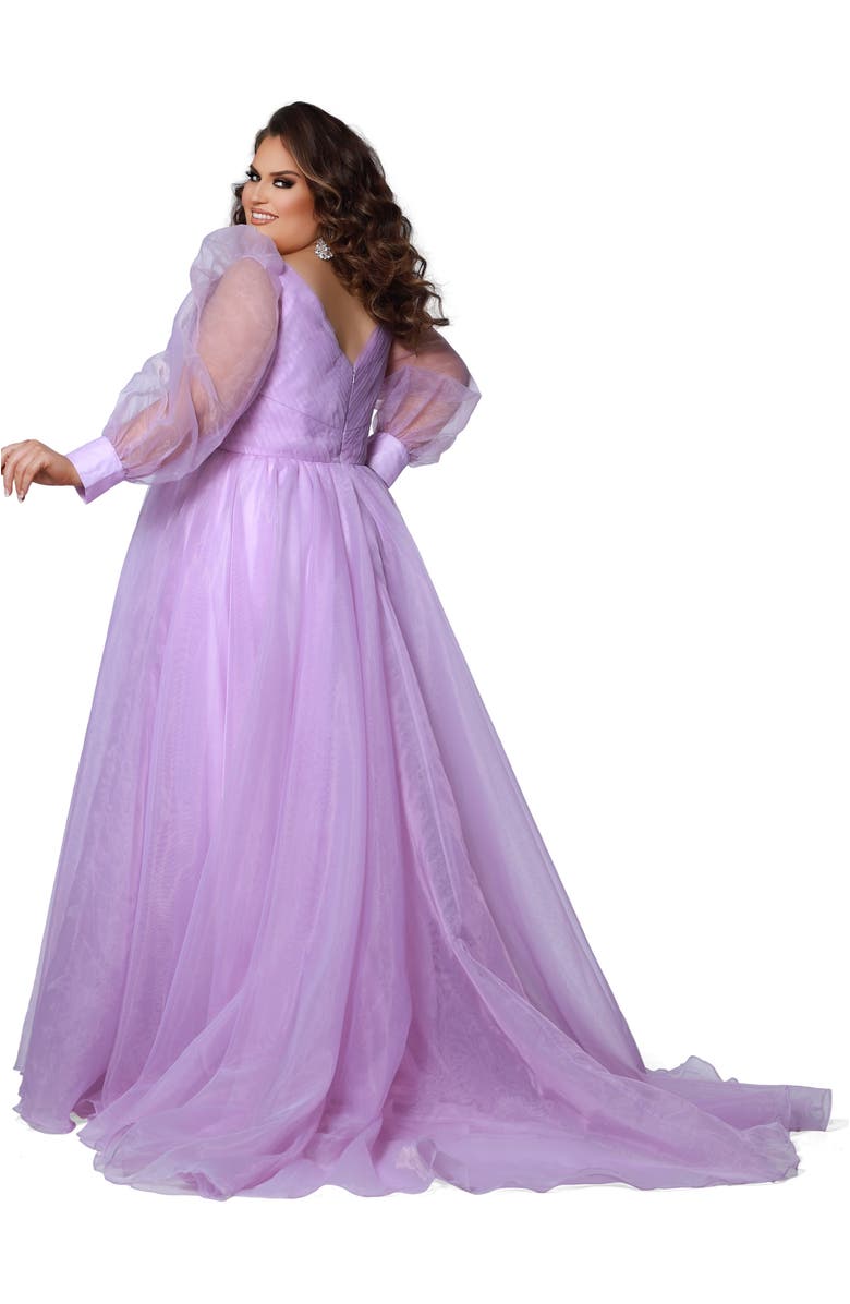Johnathan Kayne for Sydney's Closet Organza Pouf Sleeve V-Neck Pleated Plus Size Evening Gown, Main, color, Lilac