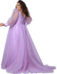 Johnathan Kayne for Sydney's Closet Organza Pouf Sleeve V-Neck Pleated Plus Size Evening Gown