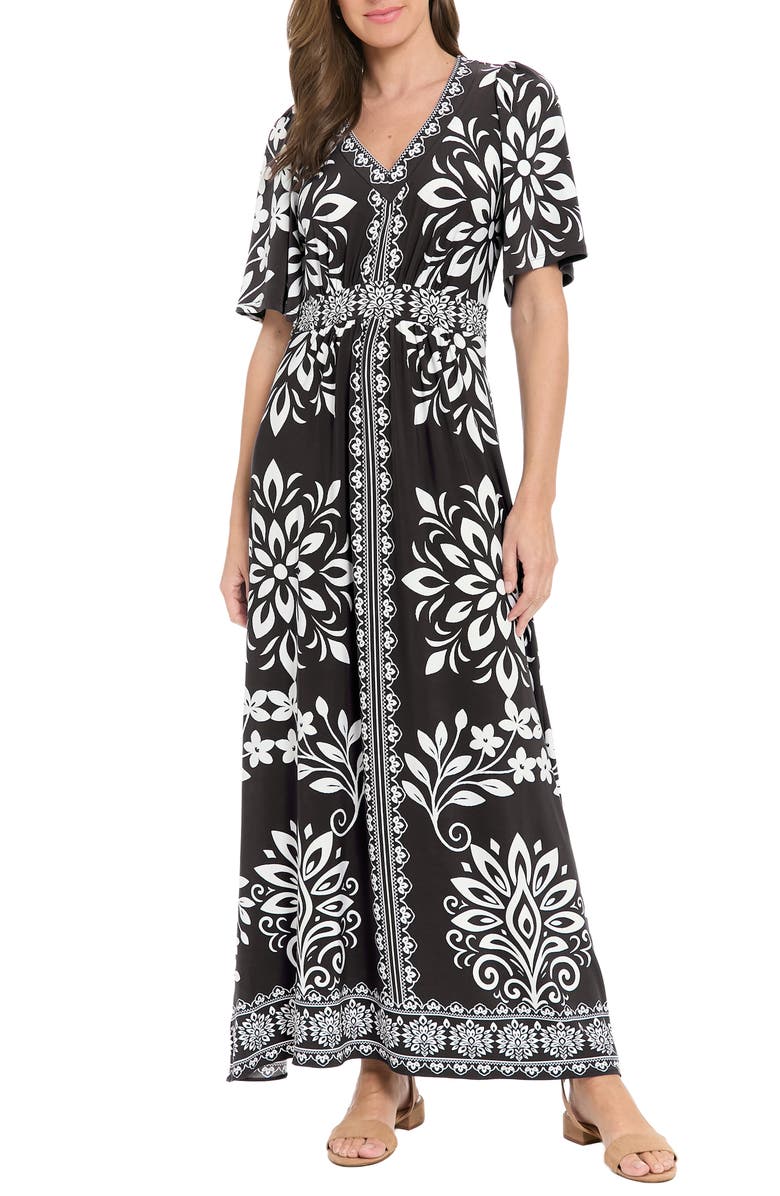 London Times Flutter Sleeve Maxi Dress, Main, color, Black/ White