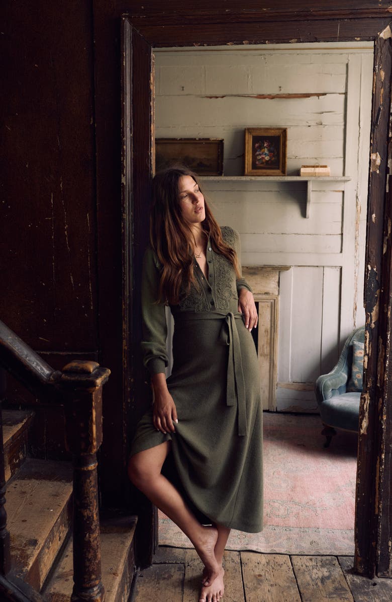 Boden Lace Appliqué Long Sleeve Tie Belt Midi Sweater Dress, Alternate, color,