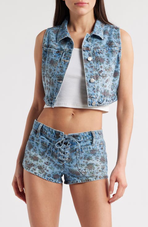 Fae Floral Print Crop Denim Vest
