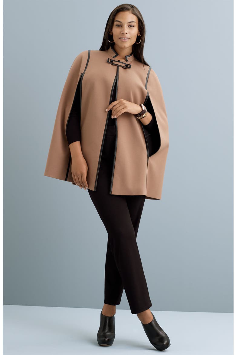 Faux Leather Trim Cape, Alternate, color, DARK CAMEL