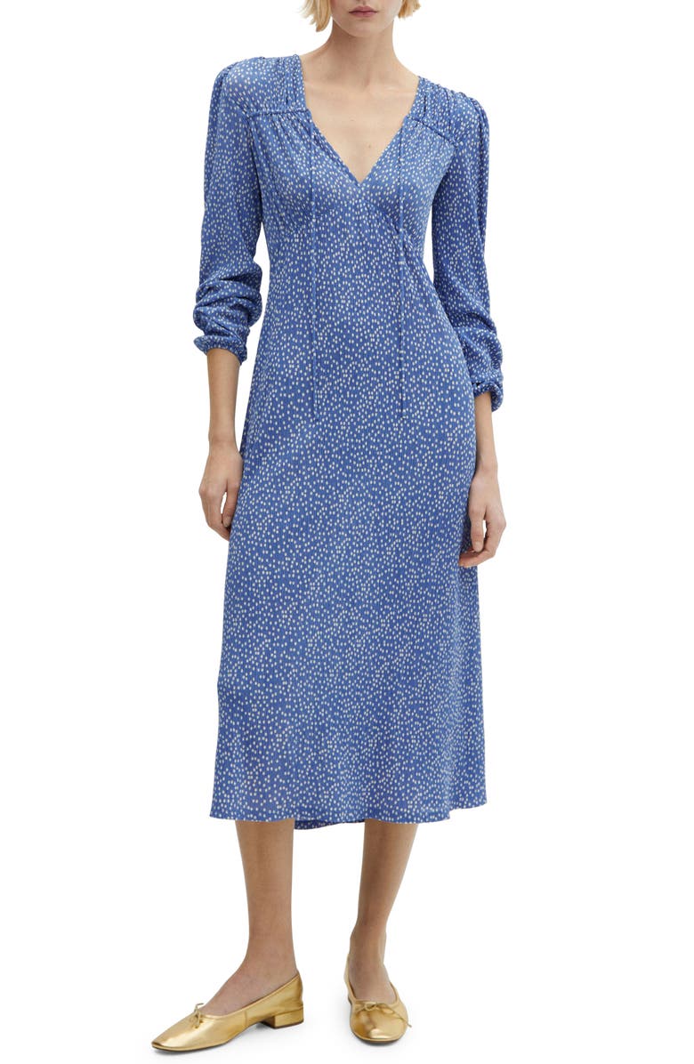 MANGO Dot Split Neck Long Sleeve Dress, Main, color, Blue