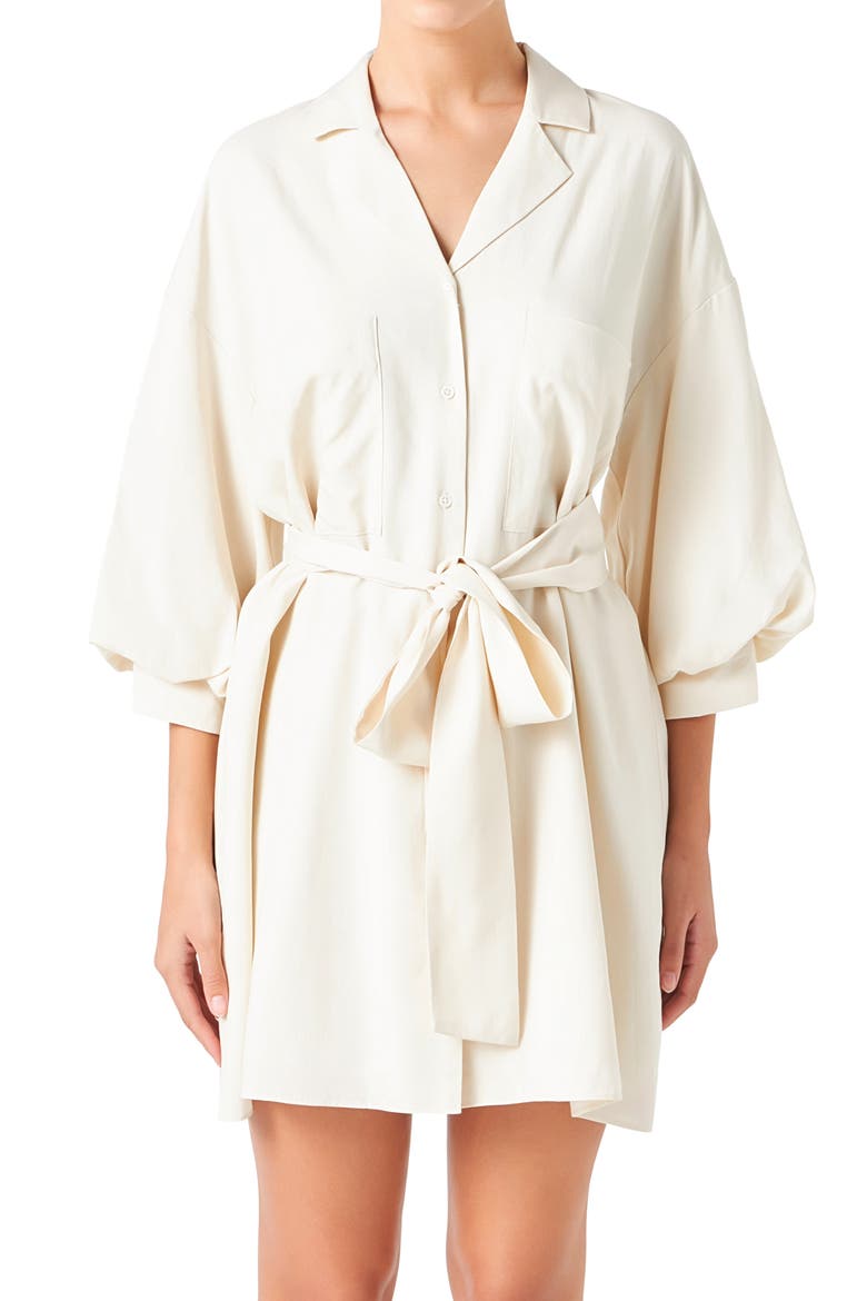 Tie Waist Mini Shirtdress, Alternate, color, BEIGE