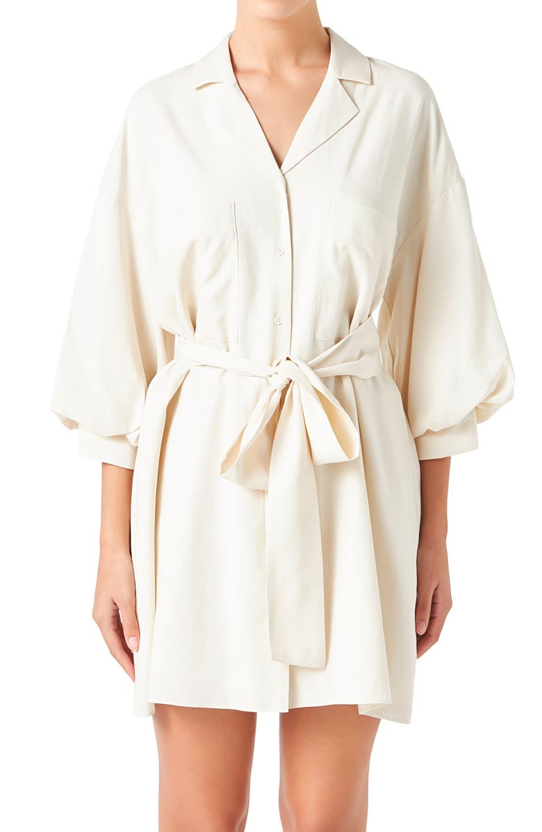 Endless Rose Tie Waist Mini Shirtdress, Alternate, color, Beige