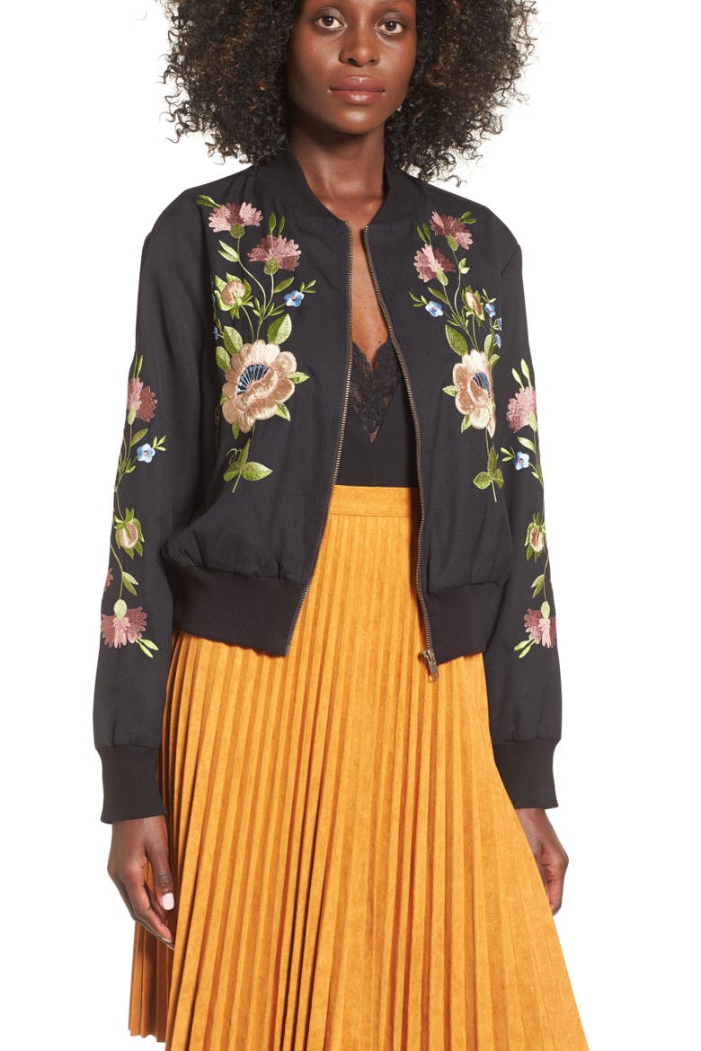 Floral Embroidered Bomber Jacket, Alternate, color, BLACK