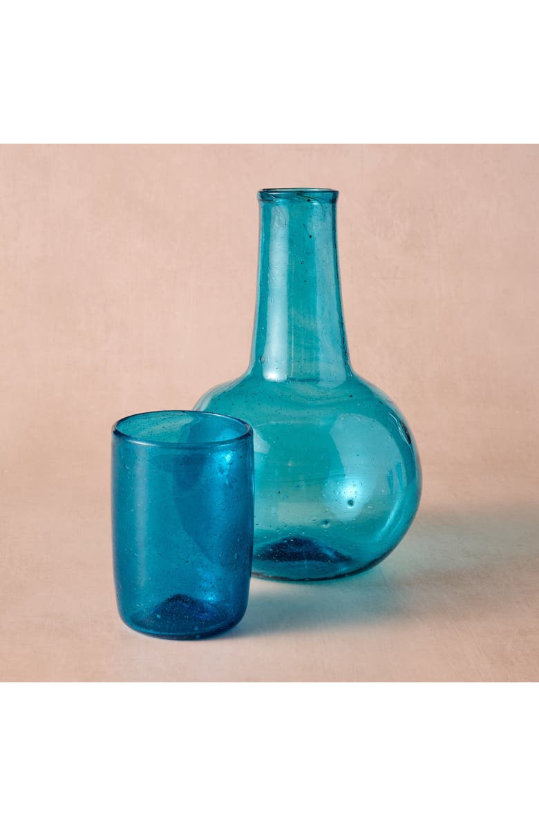 Ten Thousand Villages Bahr Blue Handblown Glass Carafe and Cup Set, Main, color, Blue