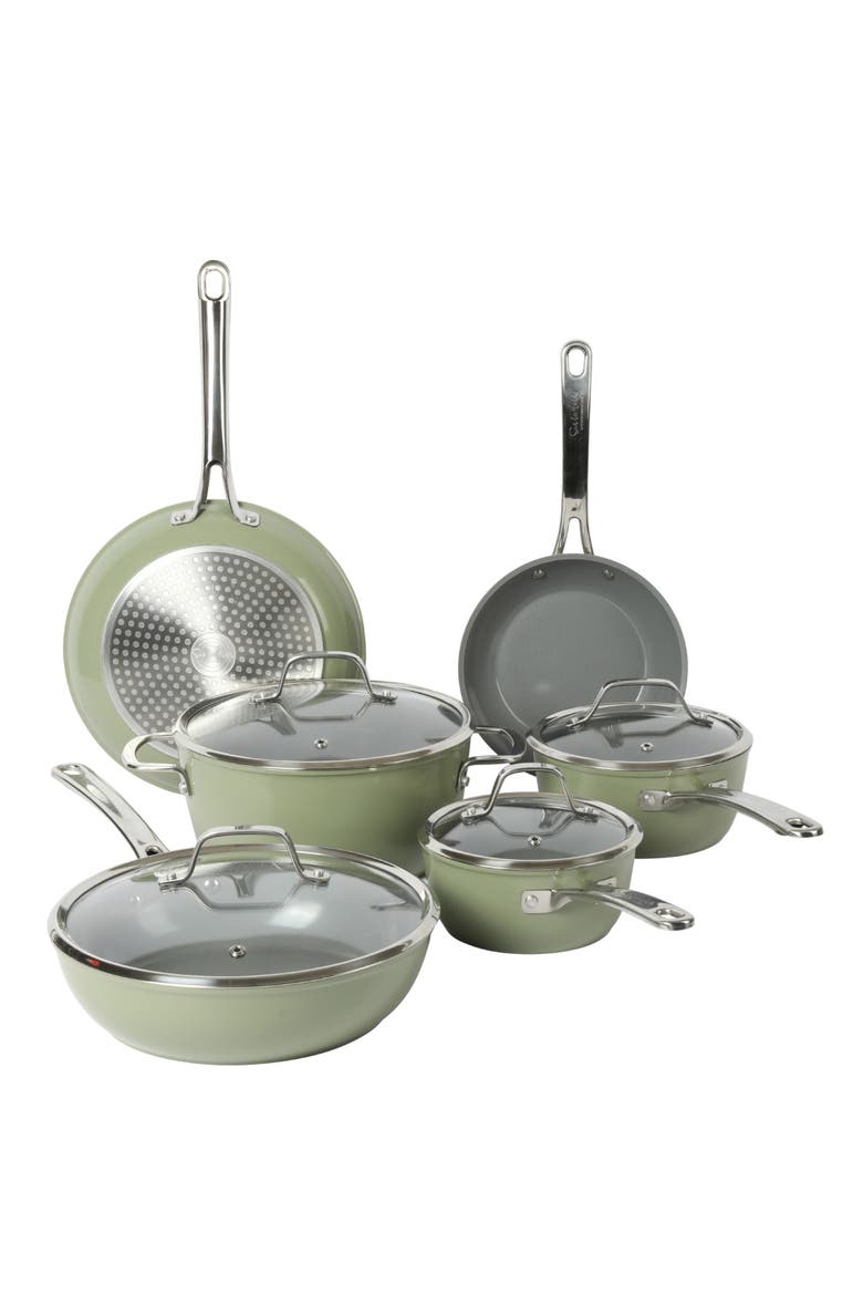 Titanium Ceramic Nonstick Forged Aluminum Cookware Pots & Pans Set with Tempered Glass Lids, Main, color, Green