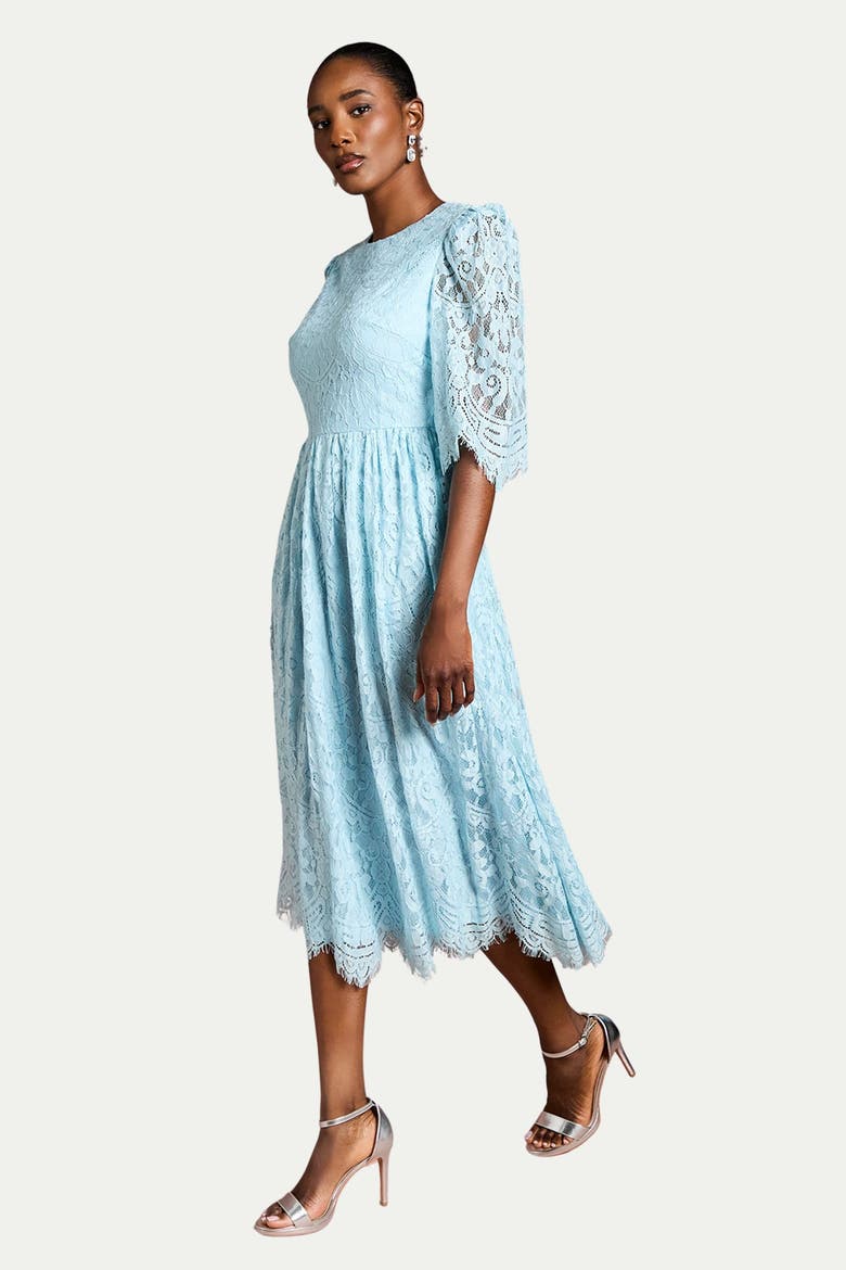 Lace Short Sleeve Midi Dress, Alternate, color, Aqua