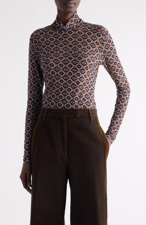 Hoyser Tie Print Crystal Embellished Mesh T-Shirt