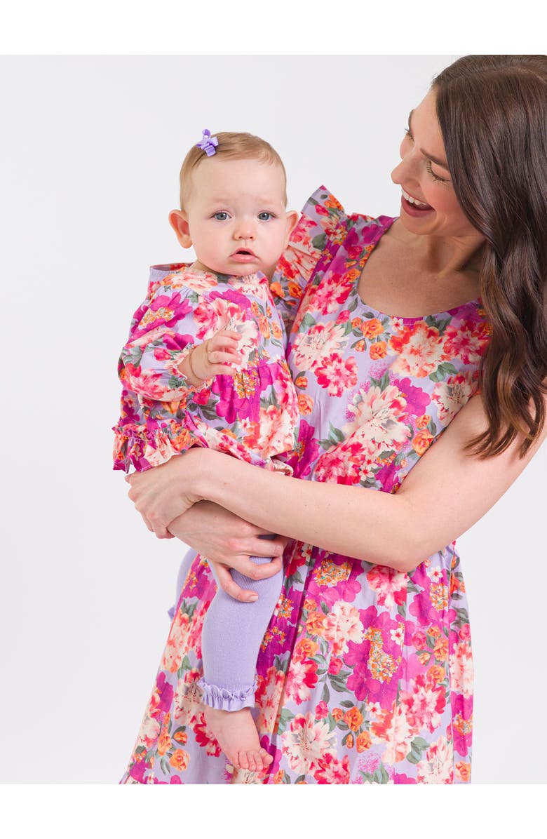 RuffleButts Baby Girls Woven Long Sleeve Bubble Romper, Alternate, color, Lavender Valley