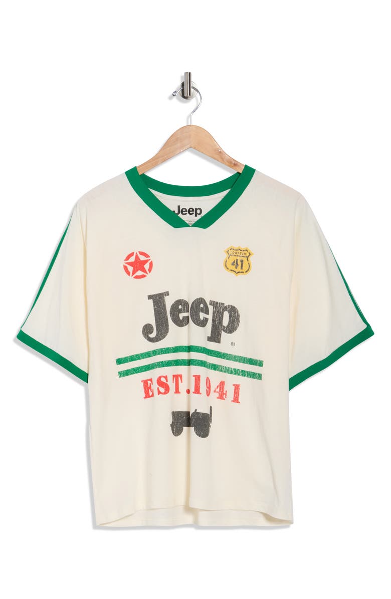 Goodie Two Sleeves Jeep Stripes Est. 1941 V-Neck T-Shirt, Alternate, color, White