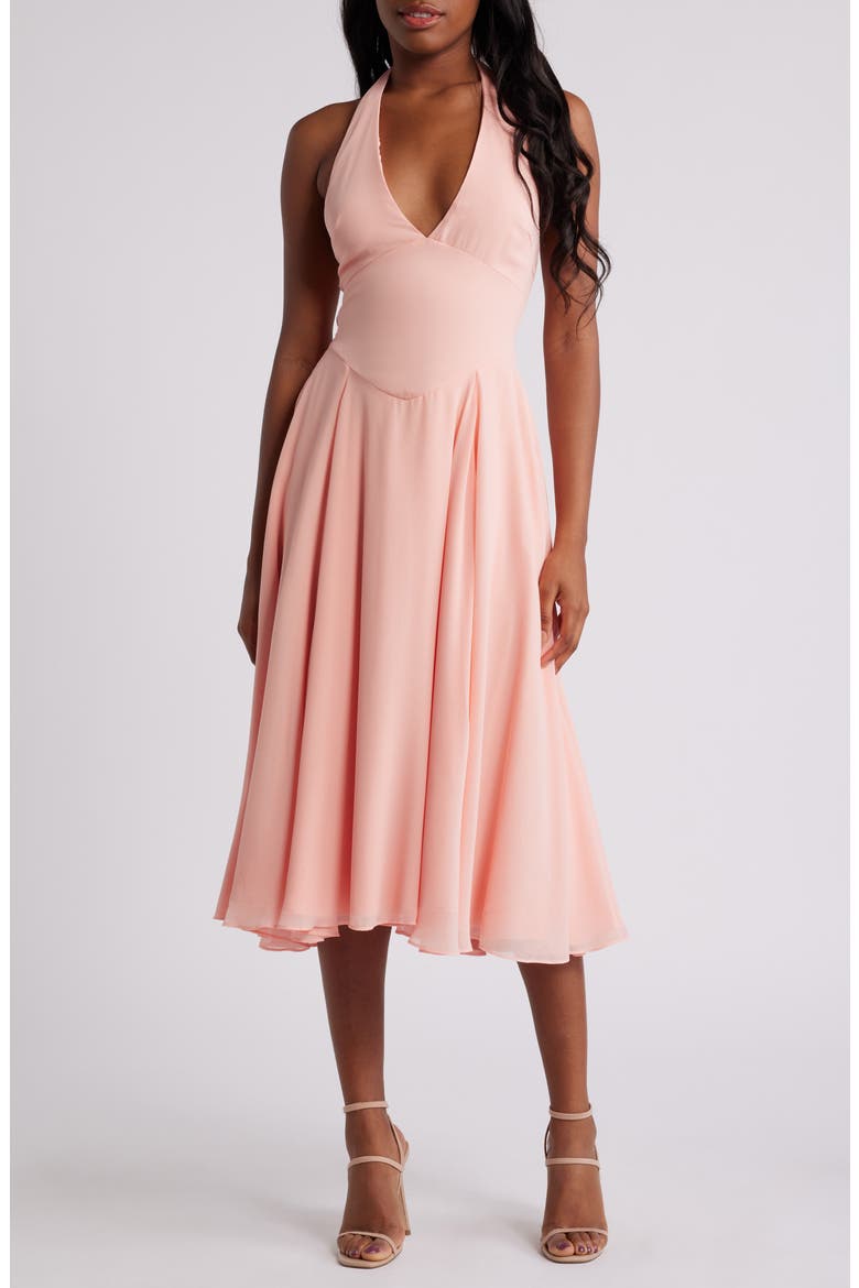 Solada Floral Halter Midi Sundress, Alternate, color, PEACH PEARL