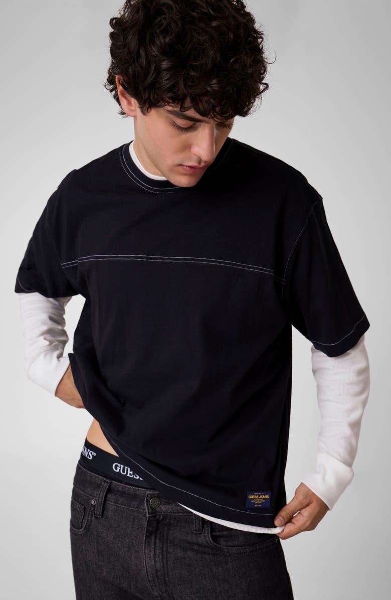 GUESS Contrast Stitch Boxy T-Shirt, Alternate, color, Jblack-Black