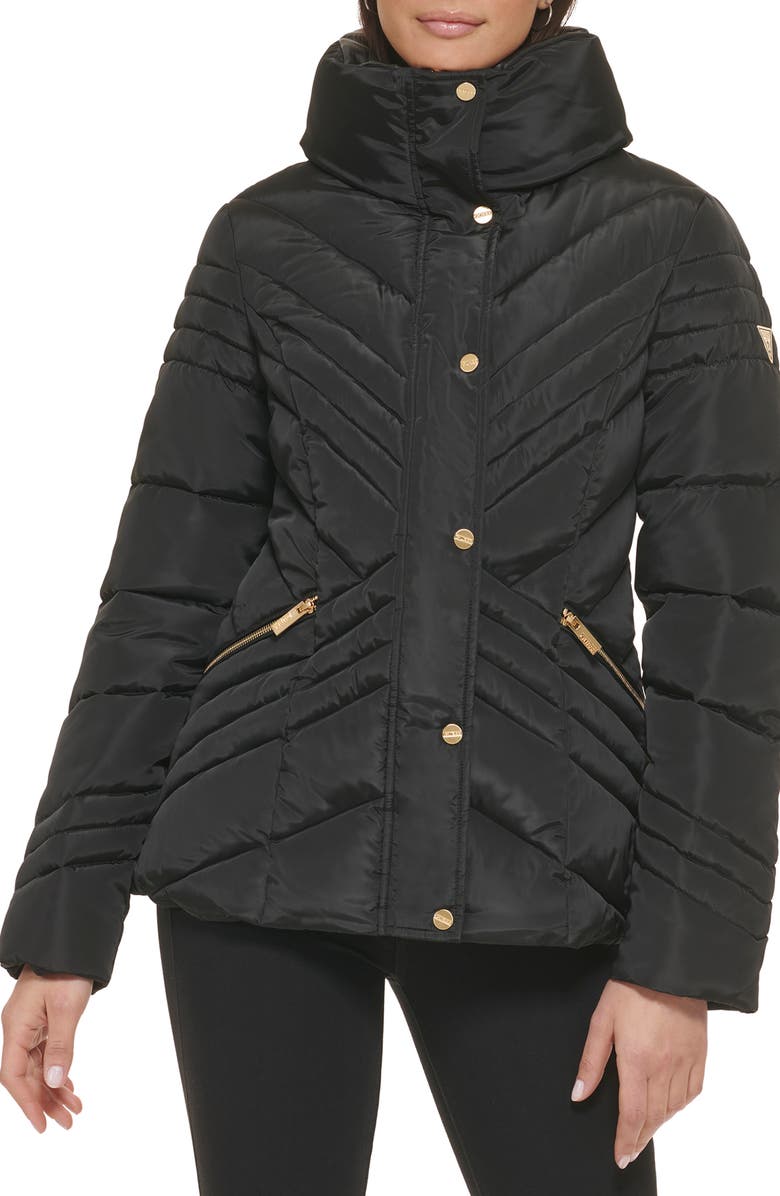 GUESS Water Resistant Chevron Quilted Puffer Jacket, Alternate, color, Black