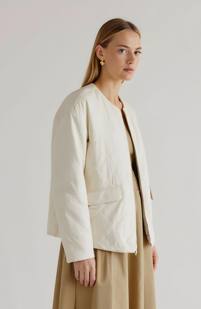 Modenaire Diamond Quilted Zip-Front Jacket with Flap Pockets and Clean Collarless Cut, Alternate, color,