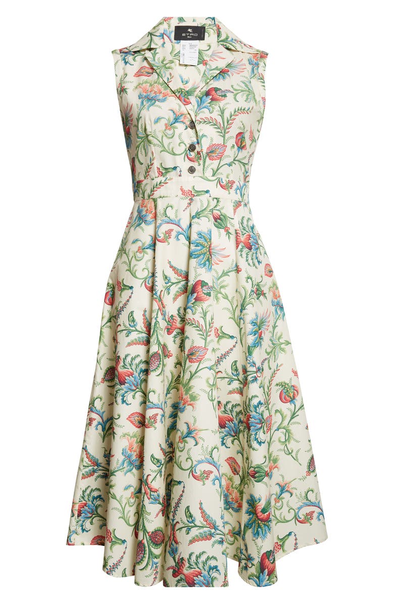Etro Floral Sleeveless Cotton Midi Dress, Alternate, color, Print On White Base