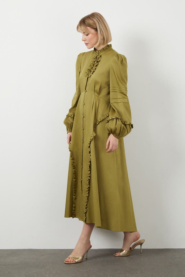 Ruffle Collar High-Low Hem Green Statement Dress, Alternate, color, Green