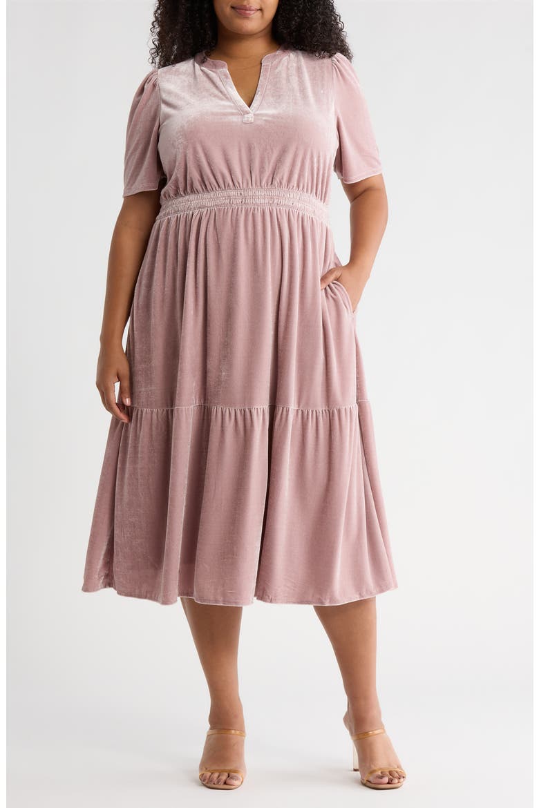 Tiered Velour Midi Dress, Main, color, PINK TIMBER