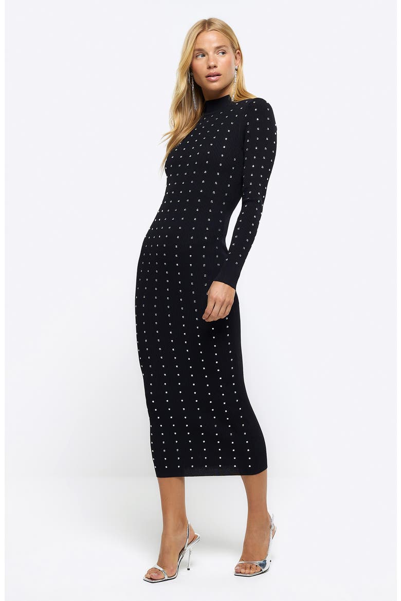 Heatseal Long Sleeve Knit Midi Dress, Alternate, color, BLACK