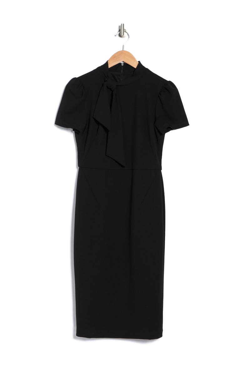 Tie Neck Puff Sleeve Scuba Crepe Dress, Alternate, color, BLACK